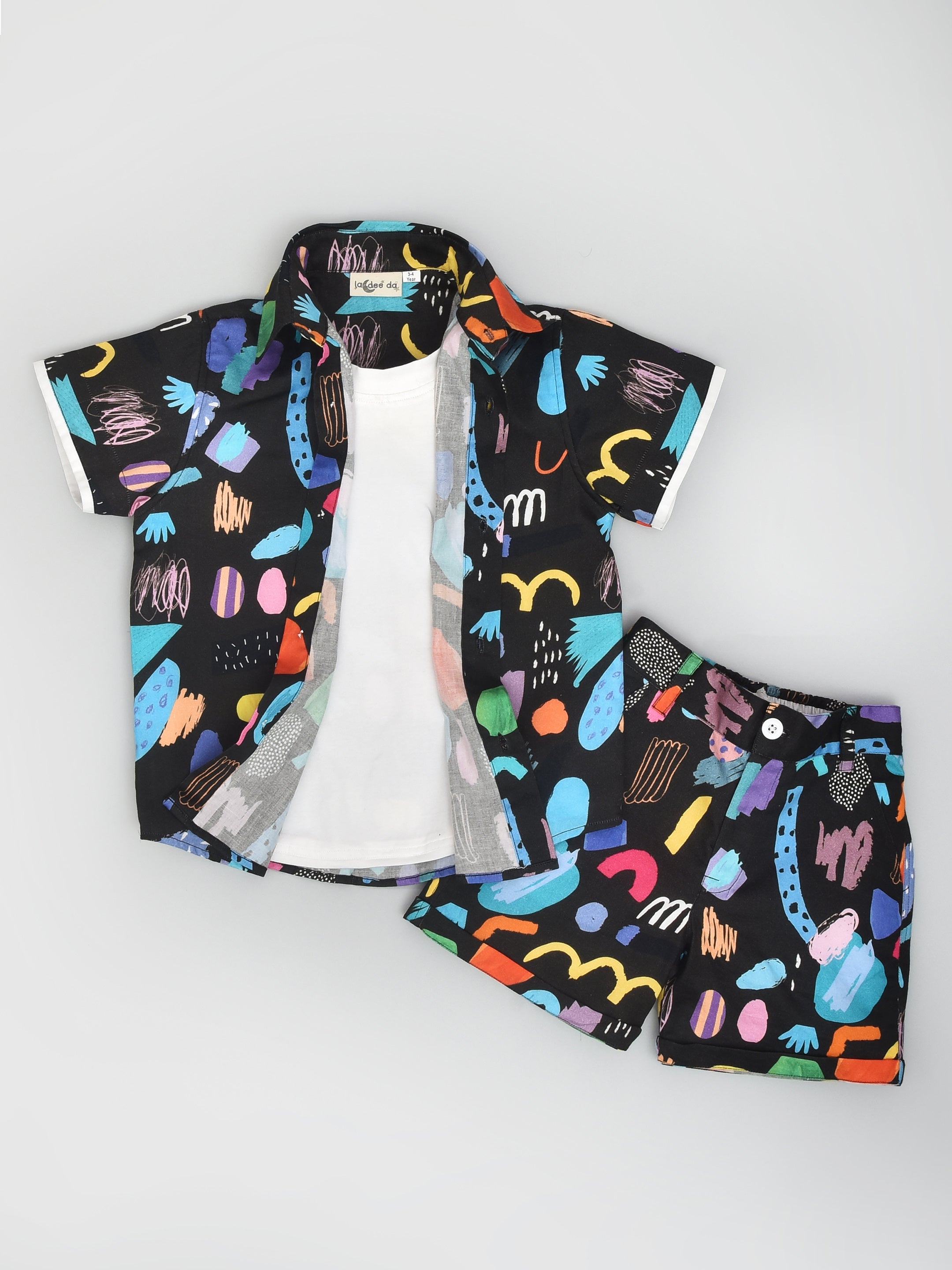 Black Abstract Print Shirt & Shorts Set