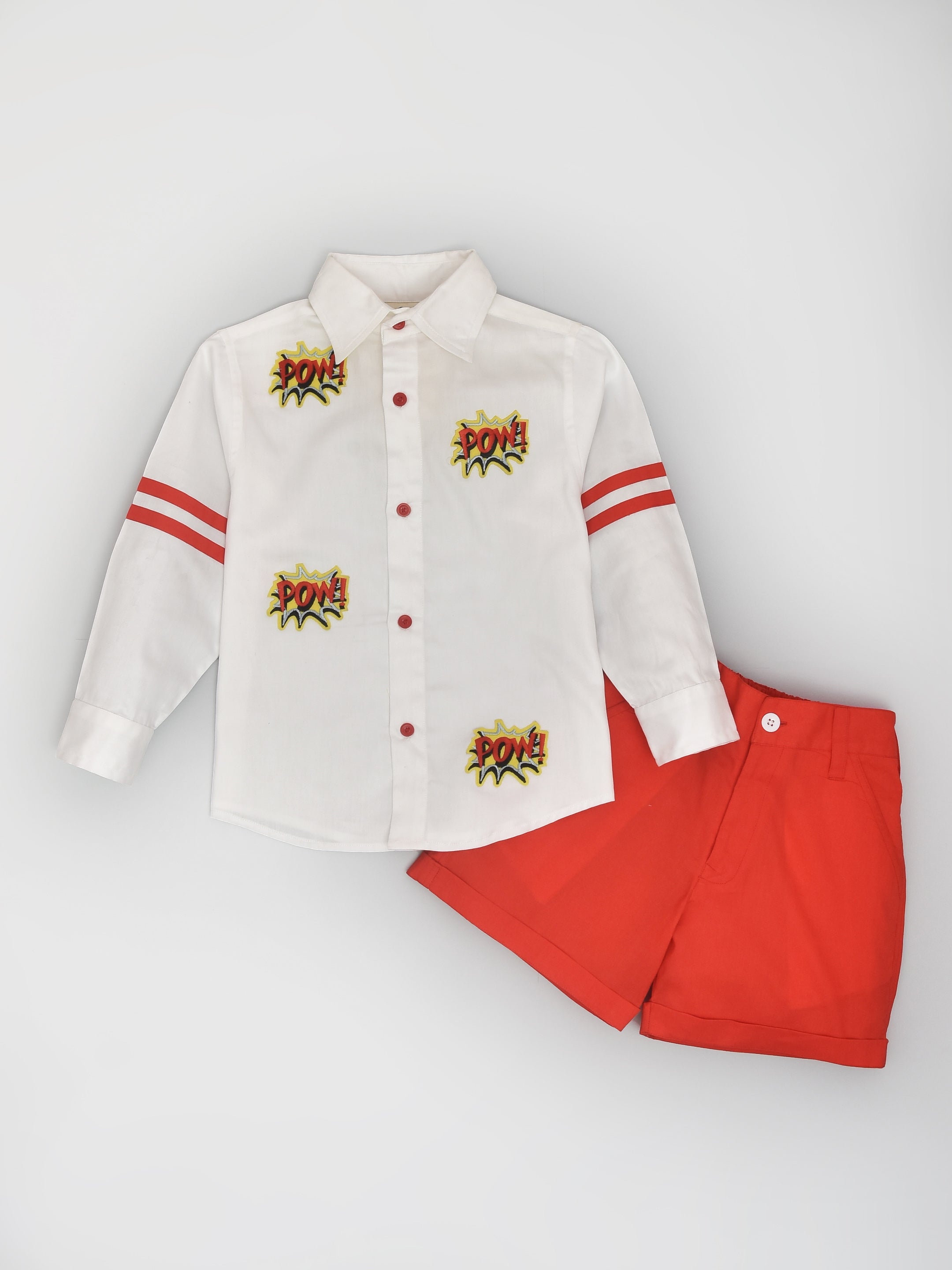 Pow Embellished Full Sleeve White Shirt with Red Shorts Casual Co-ord – La  Dee Da