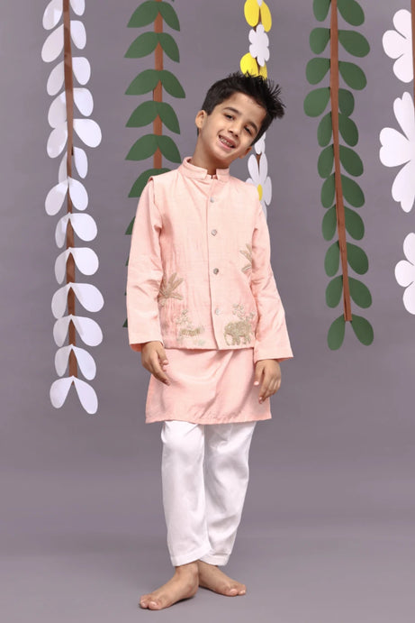 Jungle Theme Embroidered Bandhgala with Pink Kurta and Pyjama