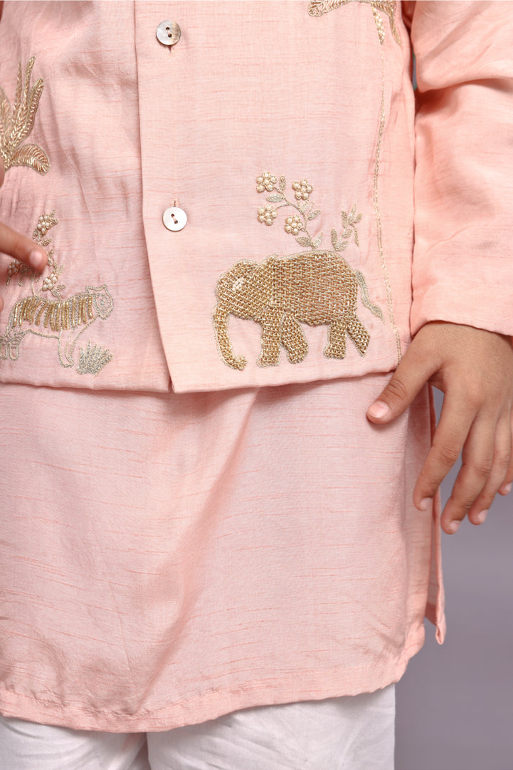 Jungle Theme Embroidered Bandhgala with Pink Kurta and Pyjama