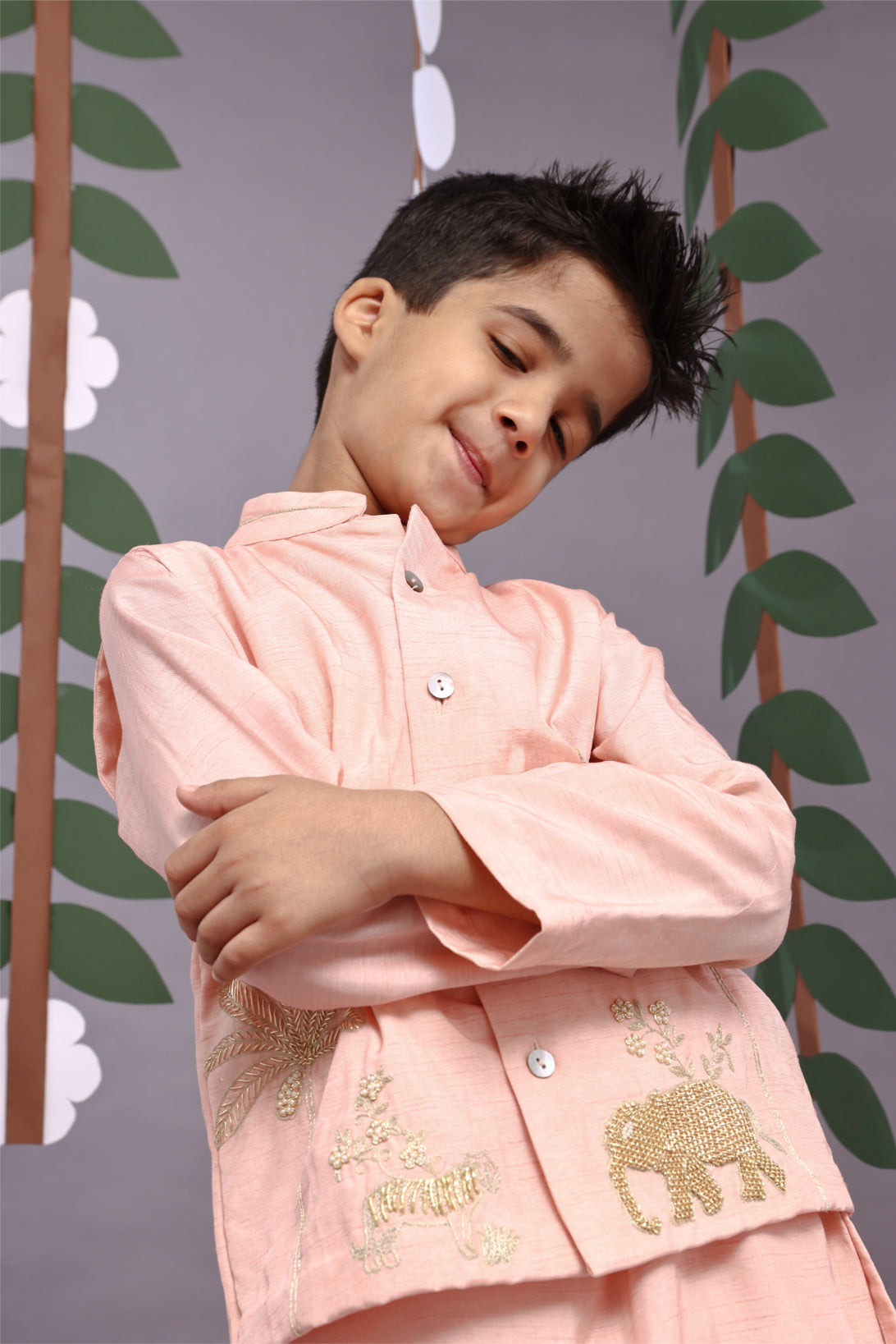 Jungle Theme Embroidered Bandhgala with Pink Kurta and Pyjama