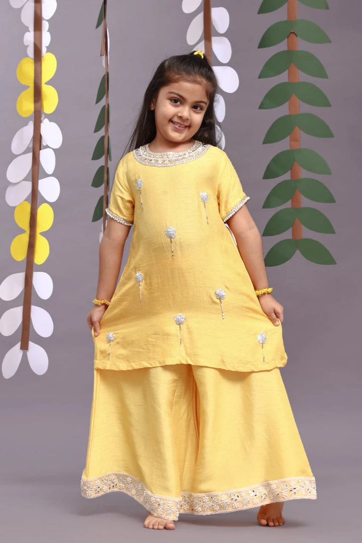 Silver Dori Embroidered Floral Kurta and Garara in Yellow