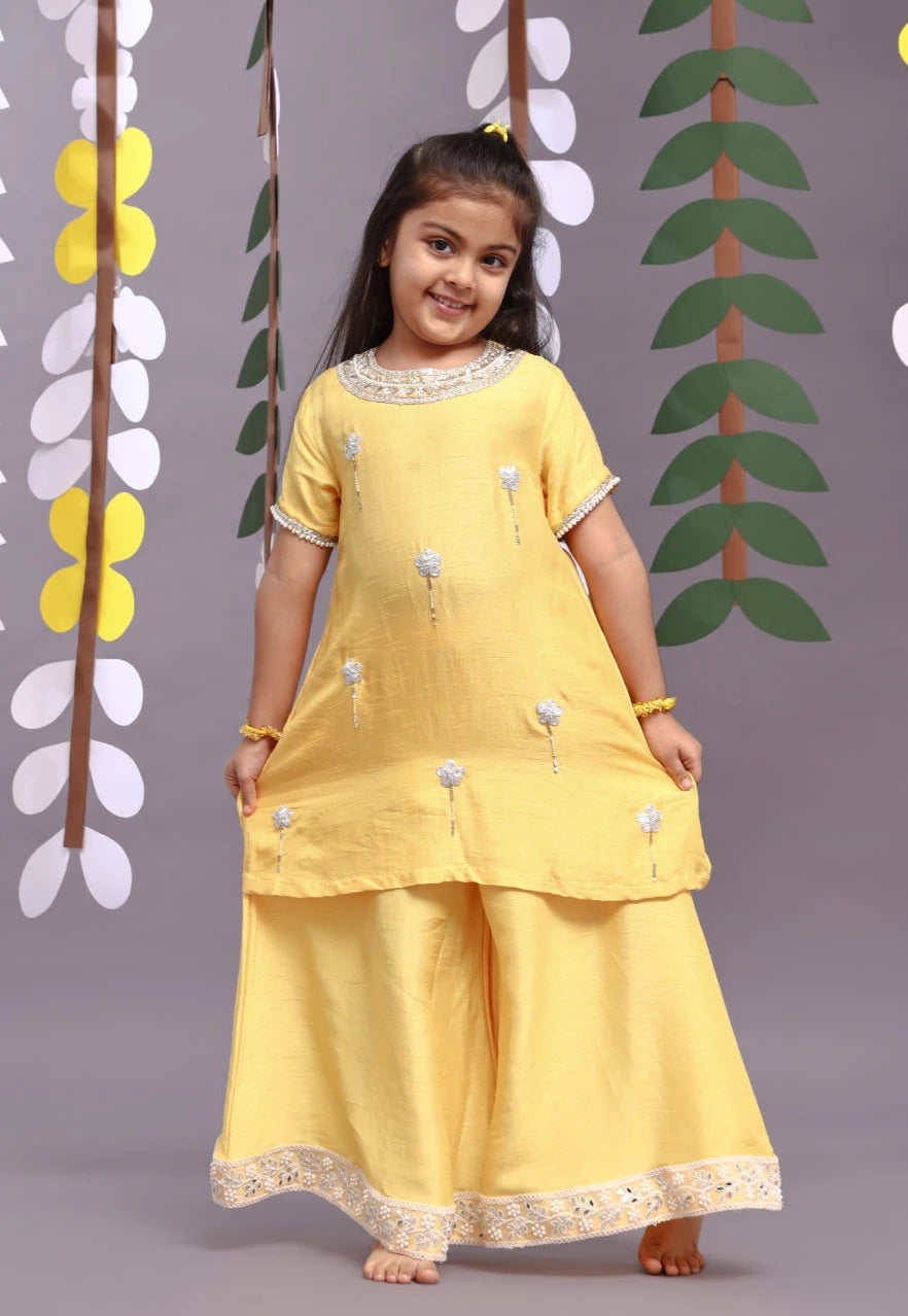 Silver Dori Embroidered Floral Kurta and Garara in Yellow