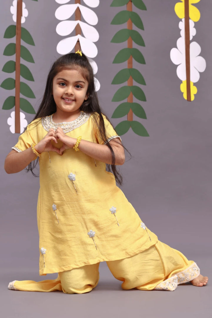 Silver Dori Embroidered Floral Kurta and Garara in Yellow