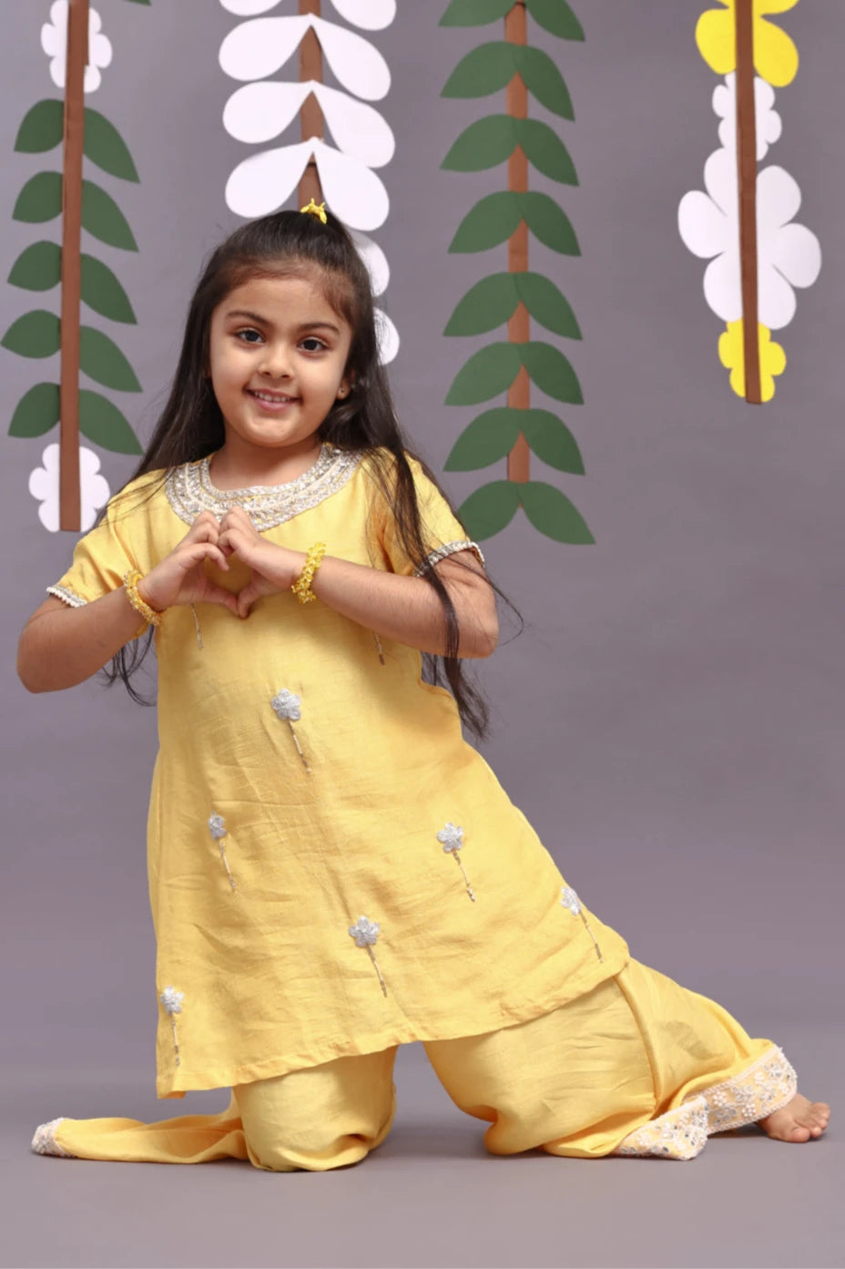 Silver Dori Embroidered Floral Kurta and Garara in Yellow
