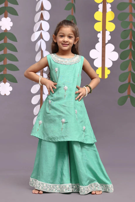 Silver Dori Embroidered Floral Kurta and Garara in Green