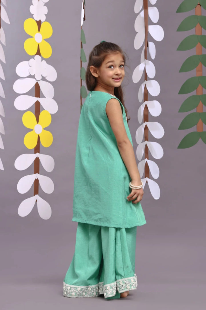 Silver Dori Embroidered Floral Kurta and Garara in Green