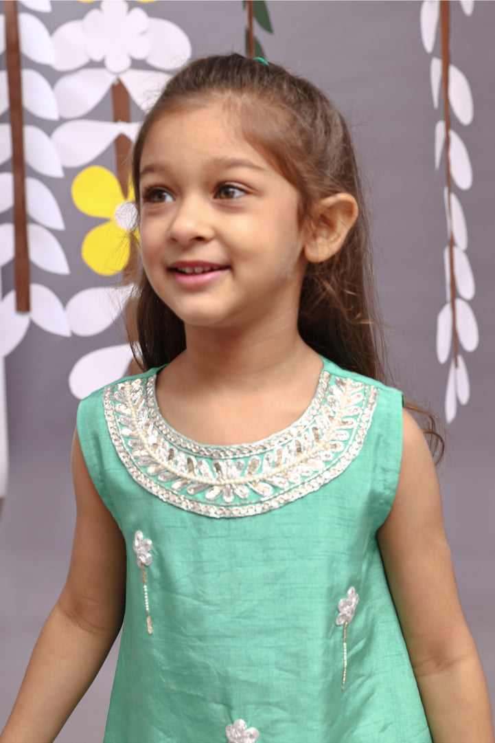 Silver Dori Embroidered Floral Kurta and Garara in Green