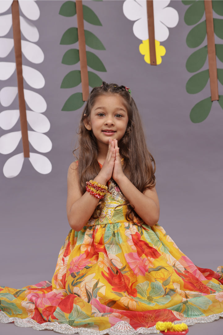 Intricate Embroidery and Floral Printed Organza Anarkali in Yellow