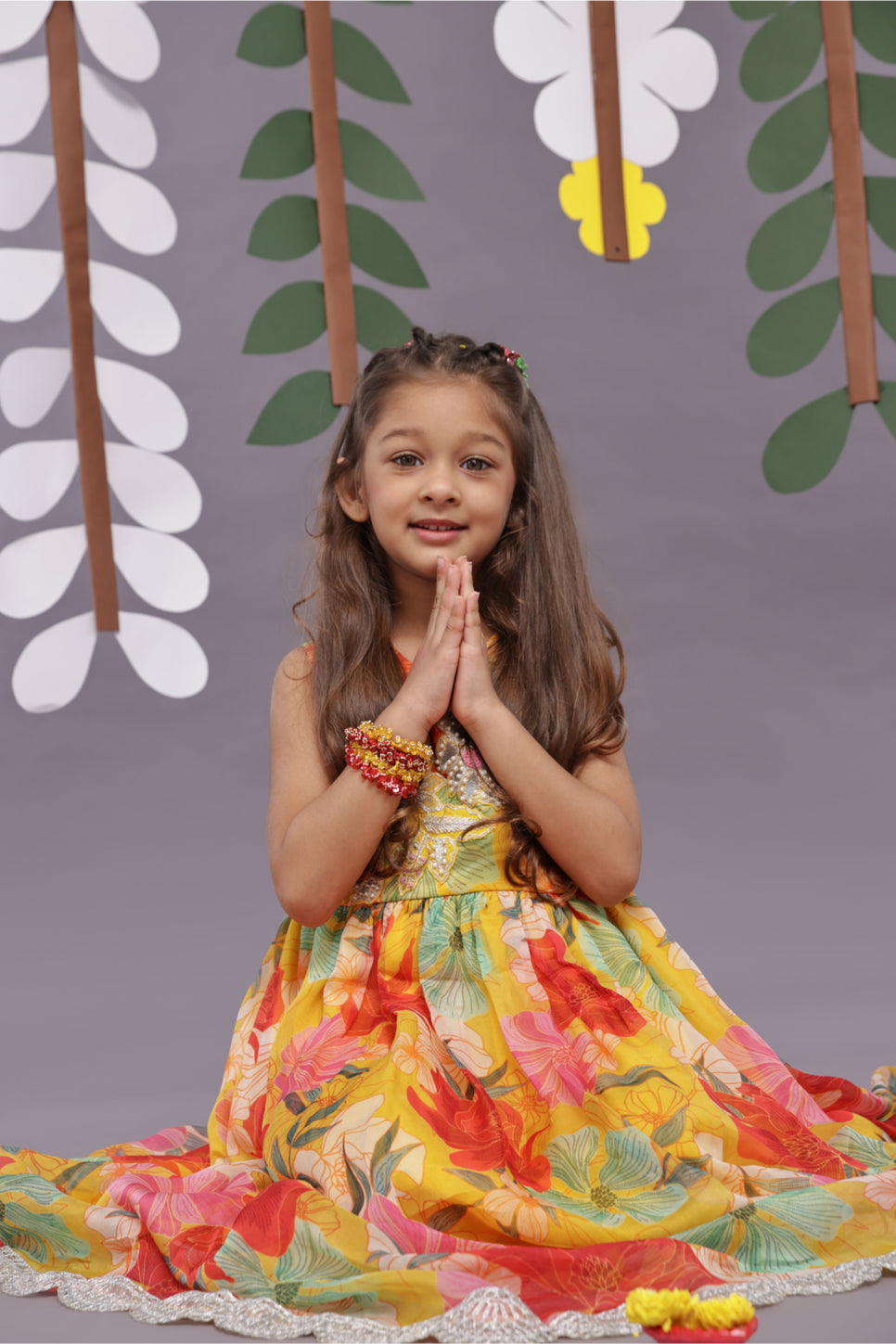 Intricate Embroidery and Floral Printed Organza Anarkali in Yellow