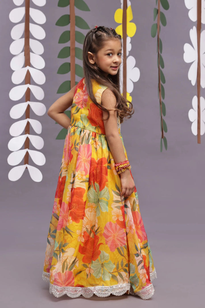 Intricate Embroidery and Floral Printed Organza Anarkali in Yellow