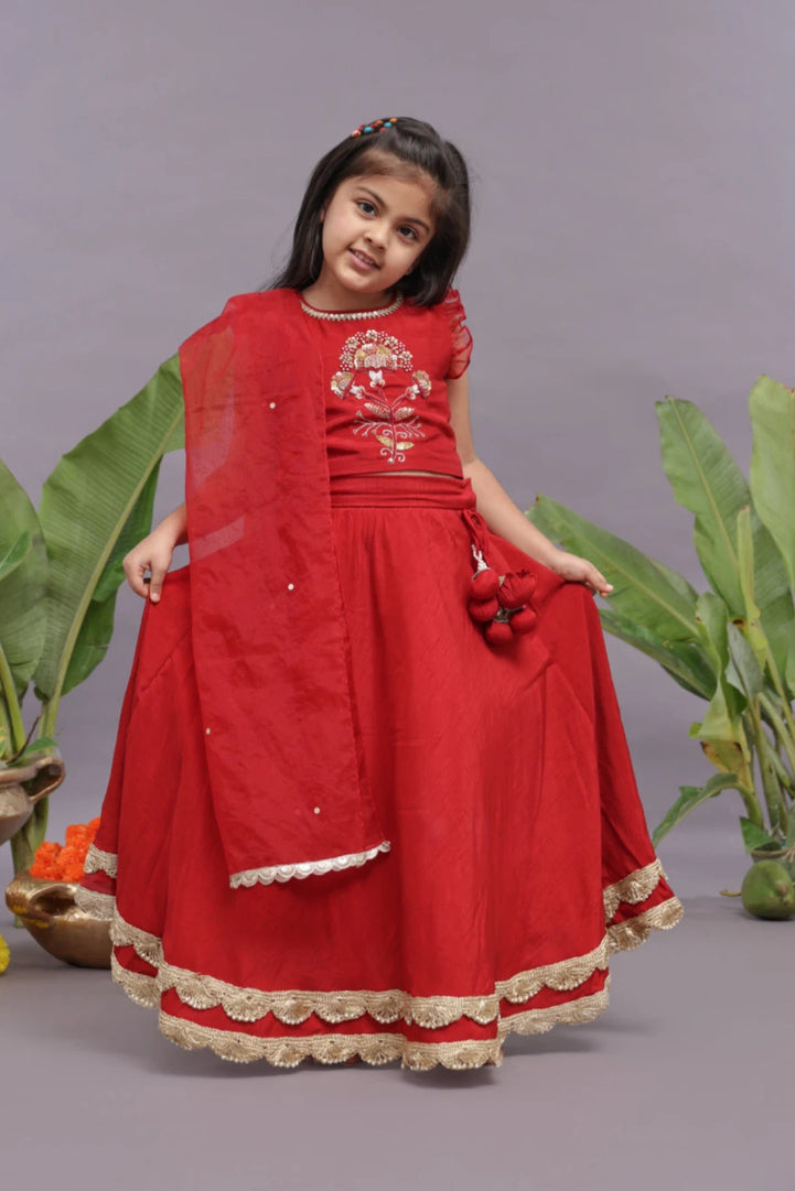 Gold work Embroidered Silk Lehenga and Blouse in Red