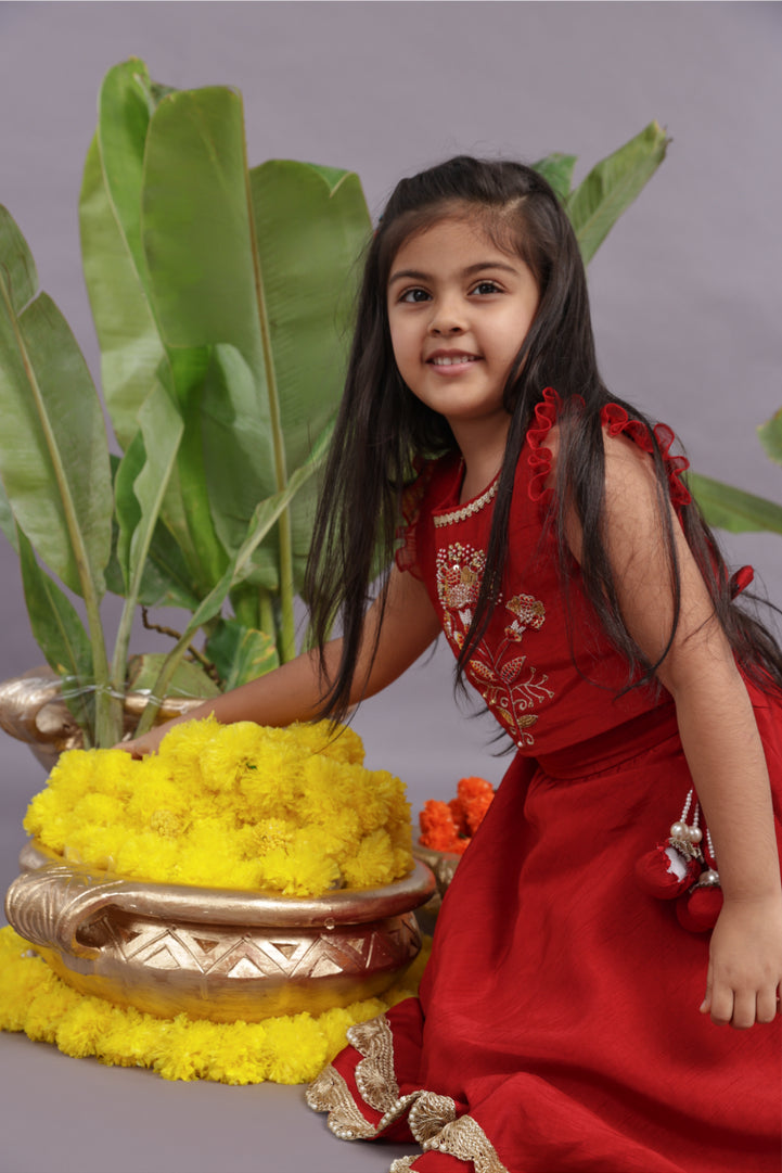 Gold work Embroidered Silk Lehenga and Blouse in Red
