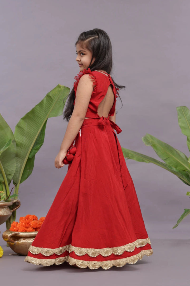 Gold work Embroidered Silk Lehenga and Blouse in Red