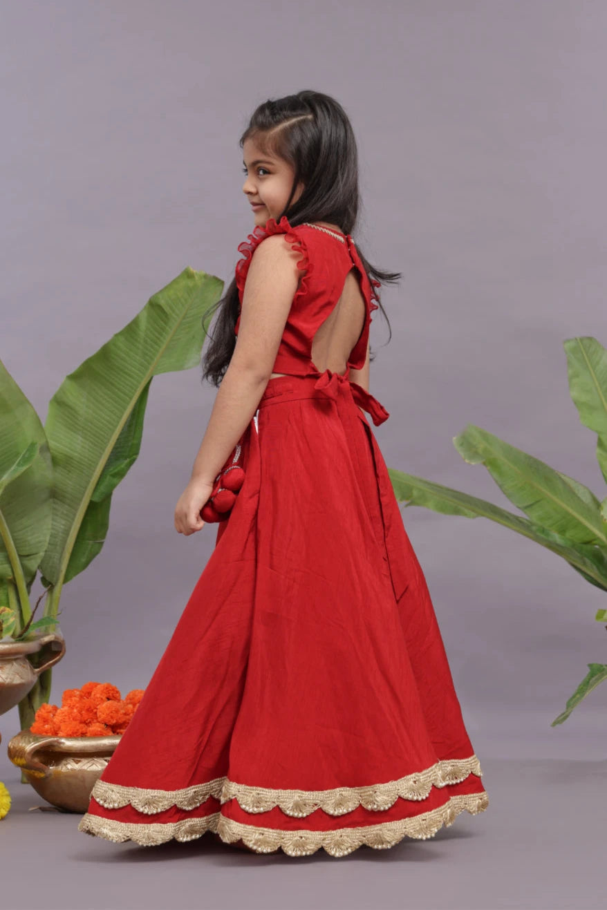 Gold work Embroidered Silk Lehenga and Blouse in Red