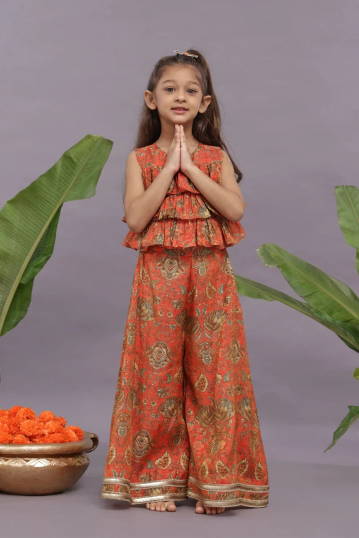 Banarasi Jacquard Printed Layered Top and Garara in Orange