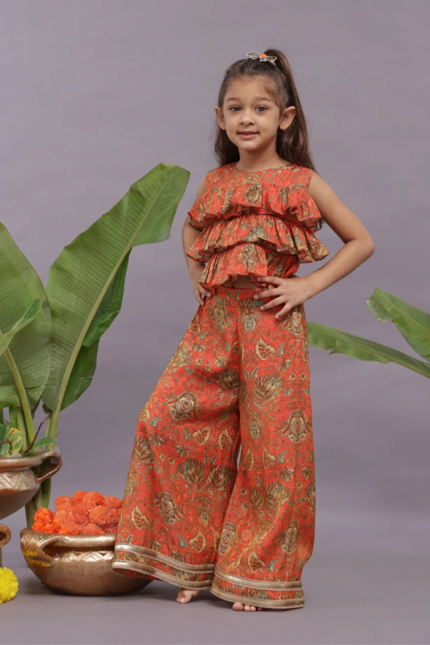 Banarasi Jacquard Printed Layered Top and Garara in Orange