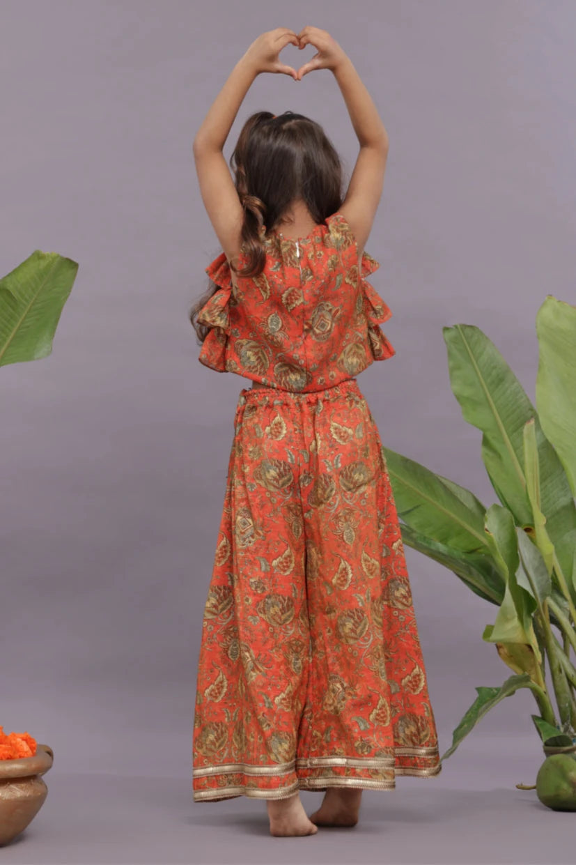 Banarasi Jacquard Printed Layered Top and Garara in Orange