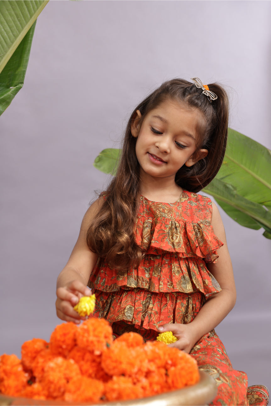 Banarasi Jacquard Printed Layered Top and Garara in Orange