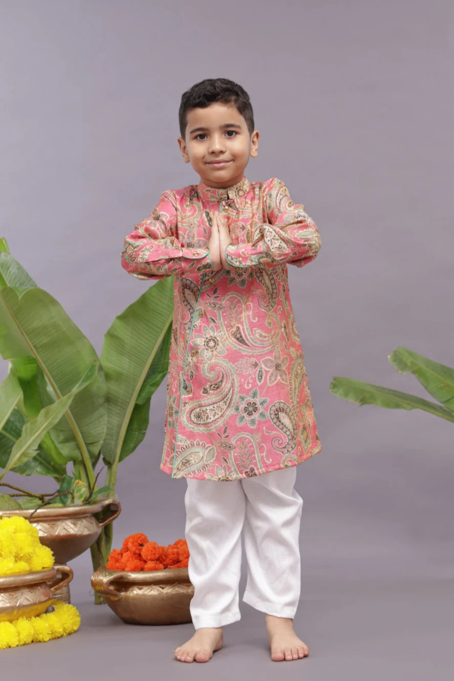 Banarasi Jaquard Printed Pink Kurta and Pyjama