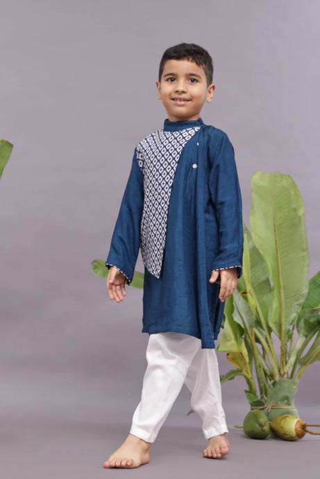 Dark Blue Kurta with Bandhani Printed Panel and Pyjama