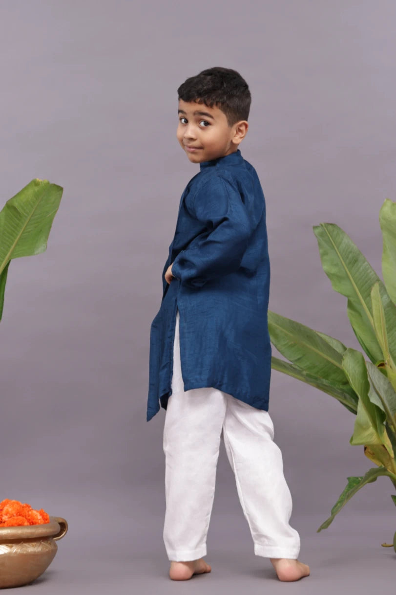 Dark Blue Kurta with Bandhani Printed Panel and Pyjama
