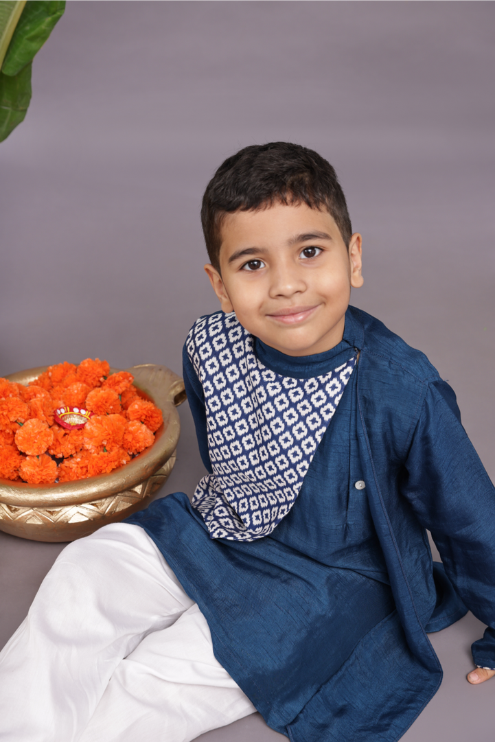 Dark Blue Kurta with Bandhani Printed Panel and Pyjama