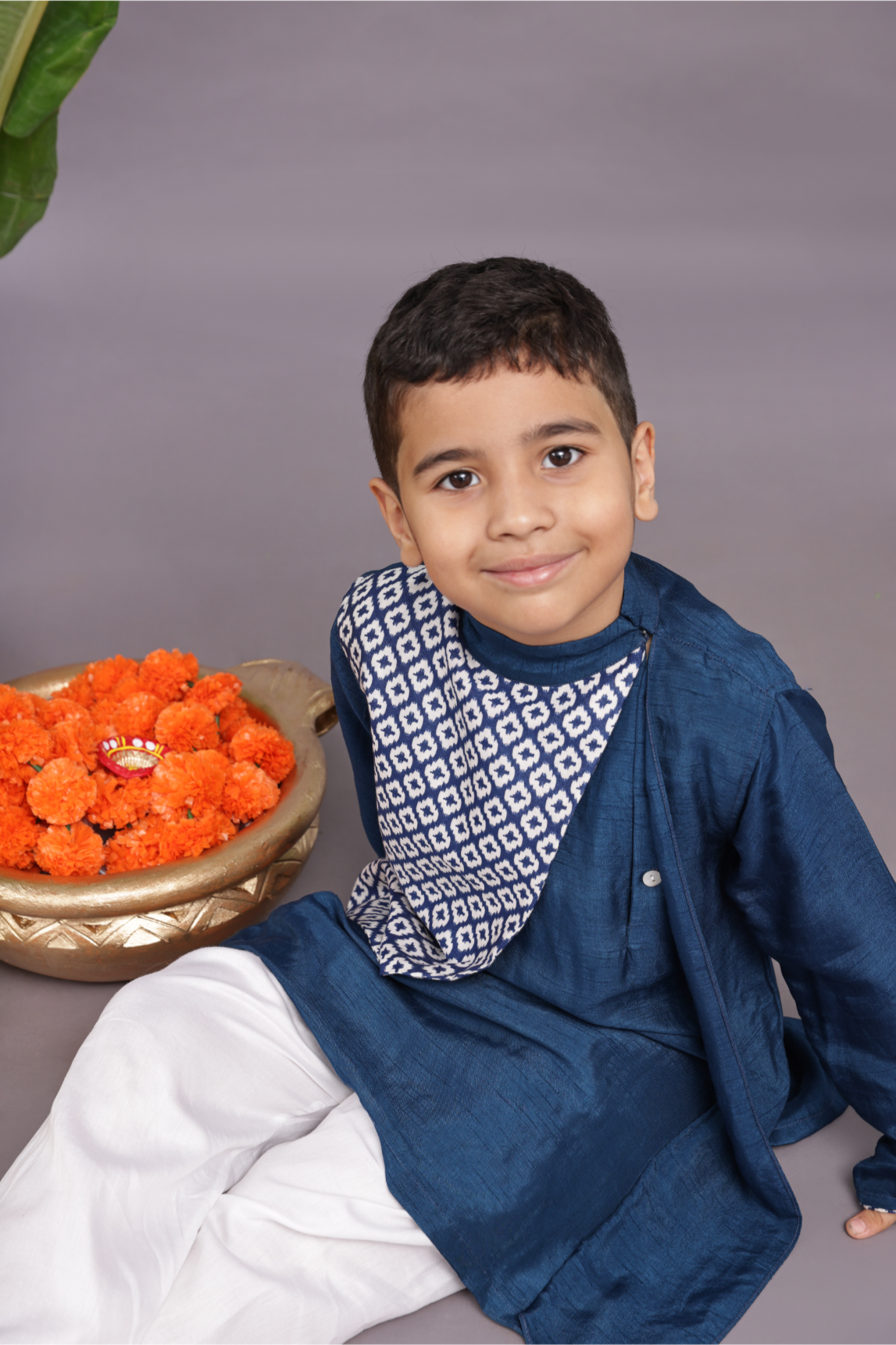 Dark Blue Kurta with Bandhani Printed Panel and Pyjama