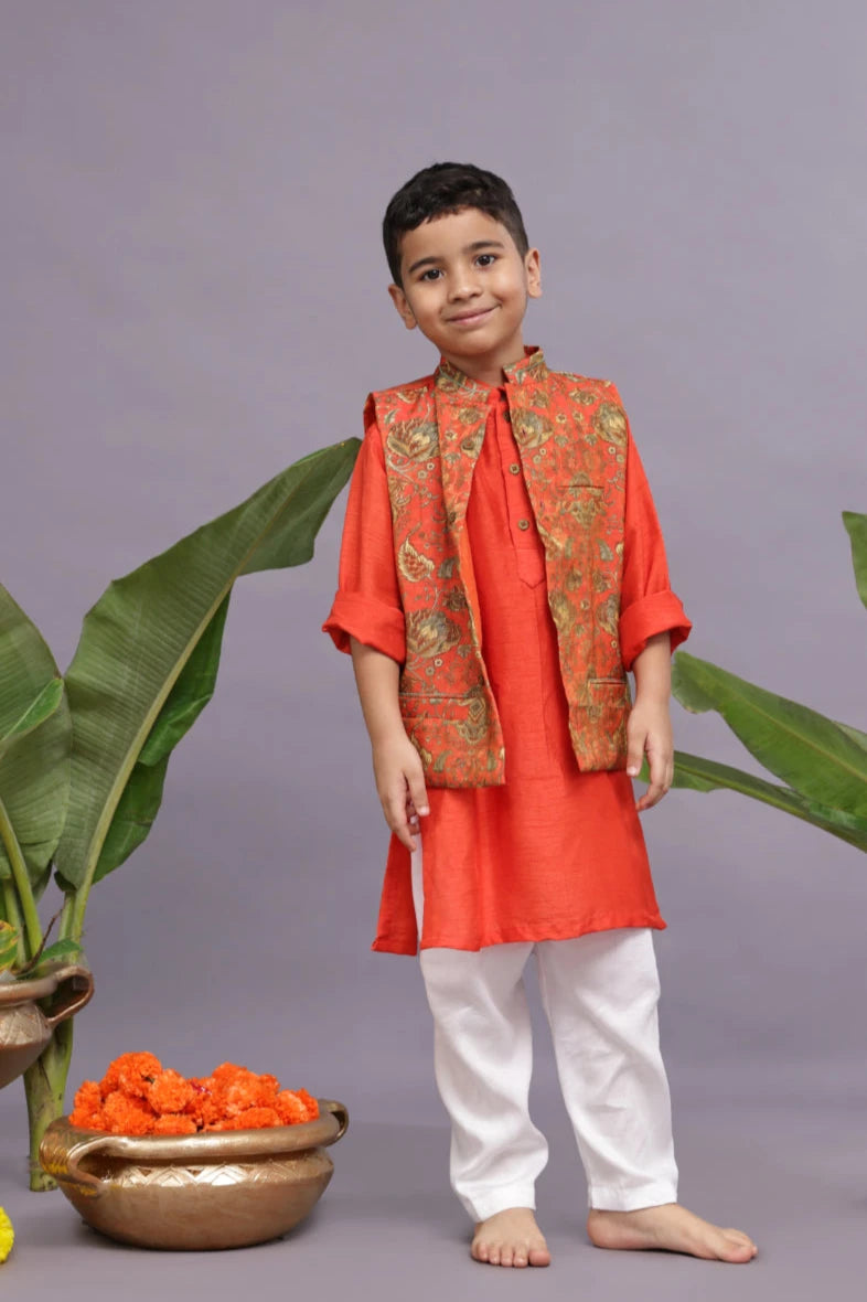 Banarasi Jaquard Printed Bandhgala with Orange Kurta and Pyjama