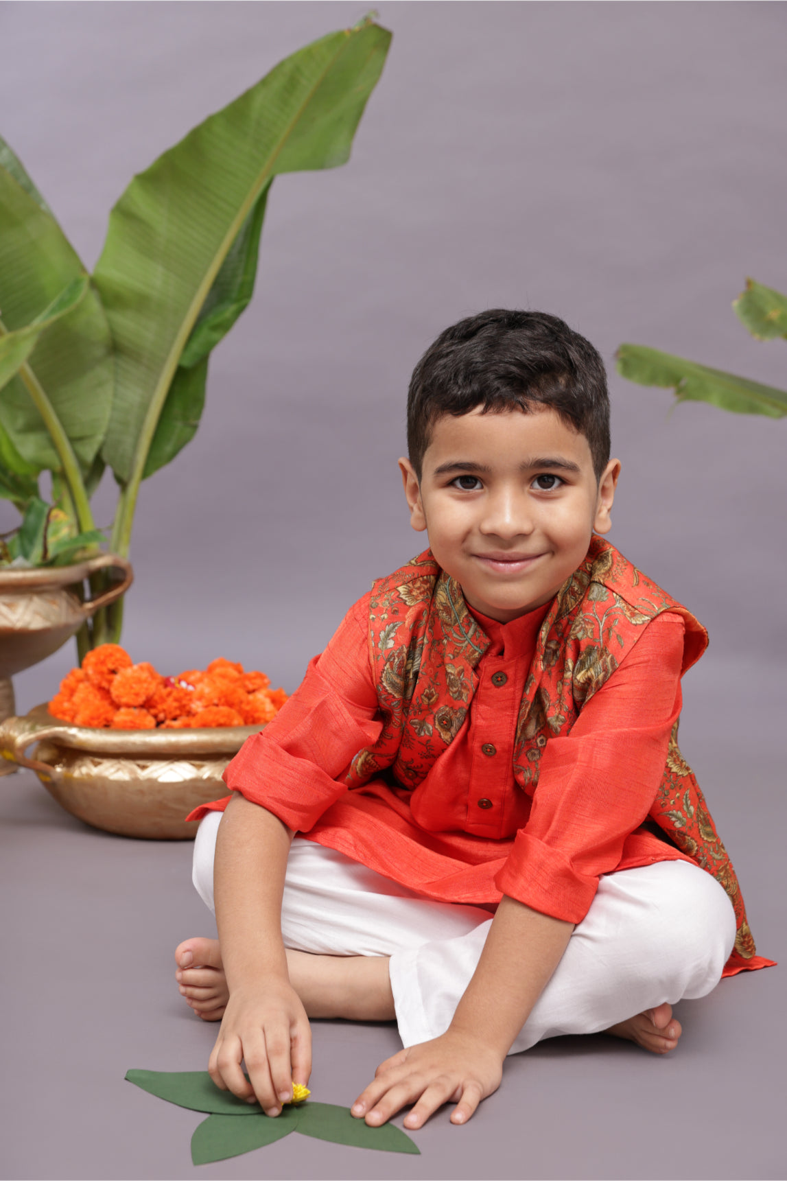 Banarasi Jaquard Printed Bandhgala with Orange Kurta and Pyjama