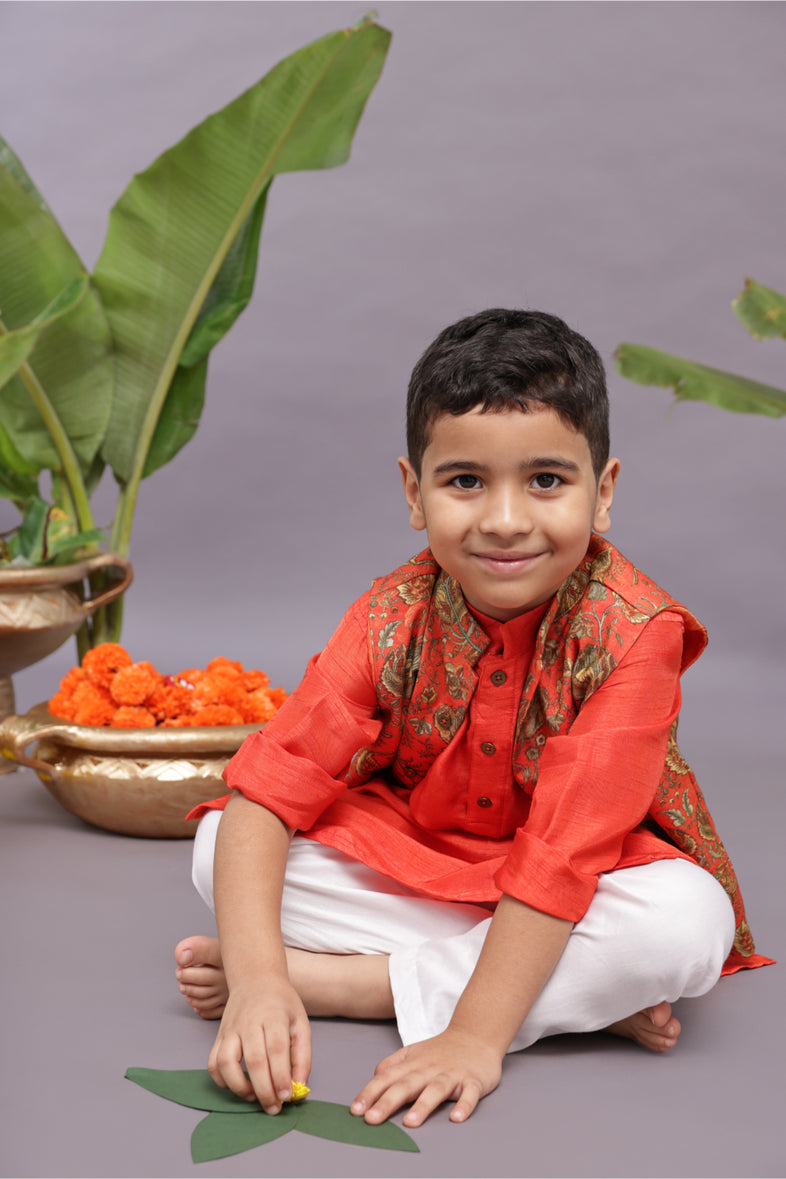 Banarasi Jaquard Printed Bandhgala with Orange Kurta and Pyjama