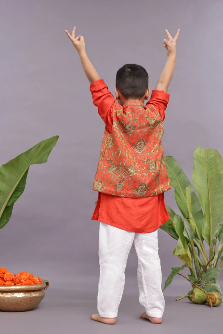 Banarasi Jaquard Printed Bandhgala with Orange Kurta and Pyjama