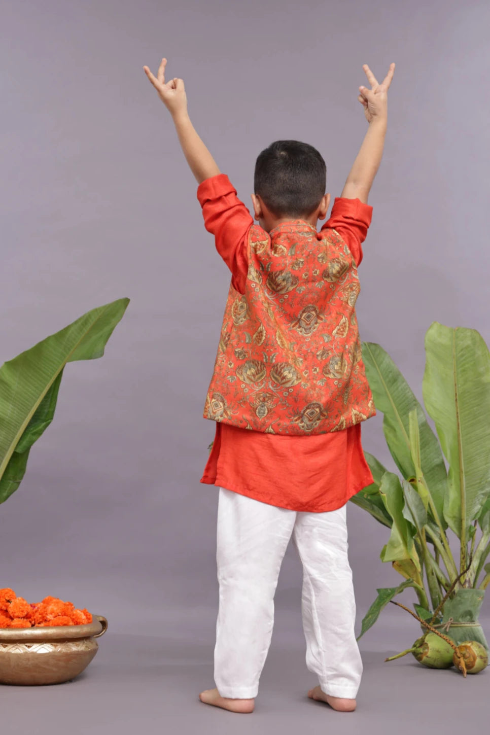 Banarasi Jaquard Printed Bandhgala with Orange Kurta and Pyjama