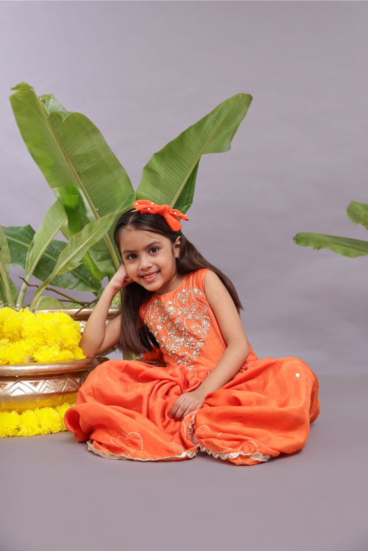 Gold Work Embroidered Silk Jumpsuit in Orange