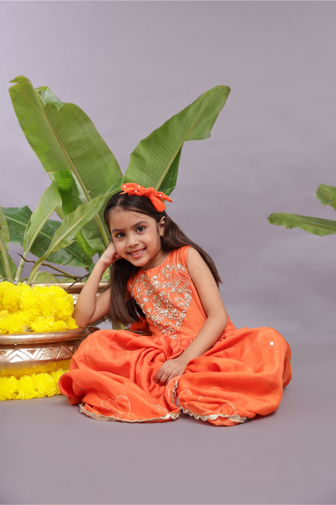 Gold Work Embroidered Silk Jumpsuit in Orange