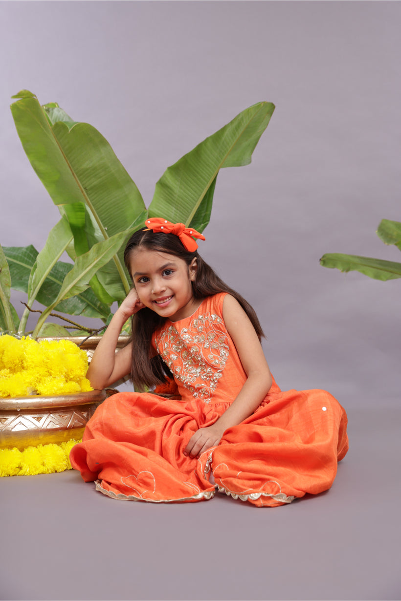 Gold Work Embroidered Silk Jumpsuit in Orange