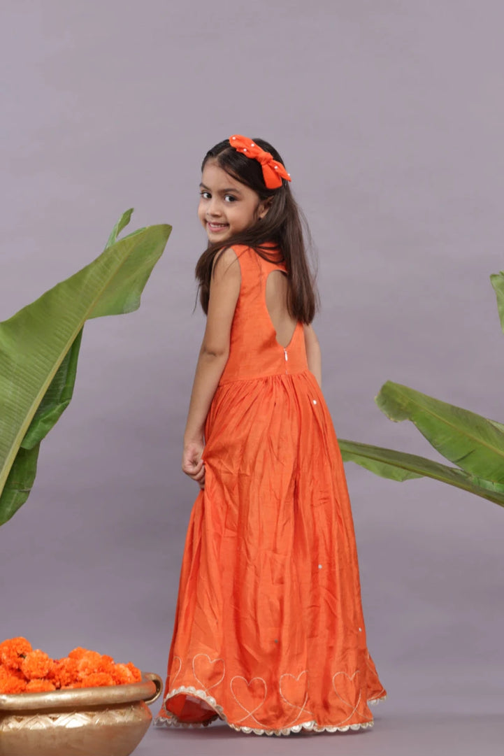 Gold Work Embroidered Silk Jumpsuit in Orange