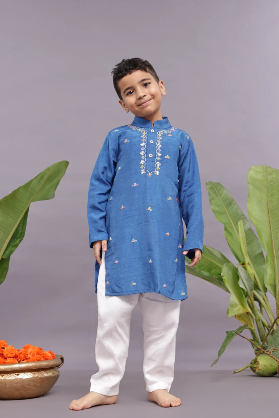 Embroidered Silk Blue Kurta and Pyjama