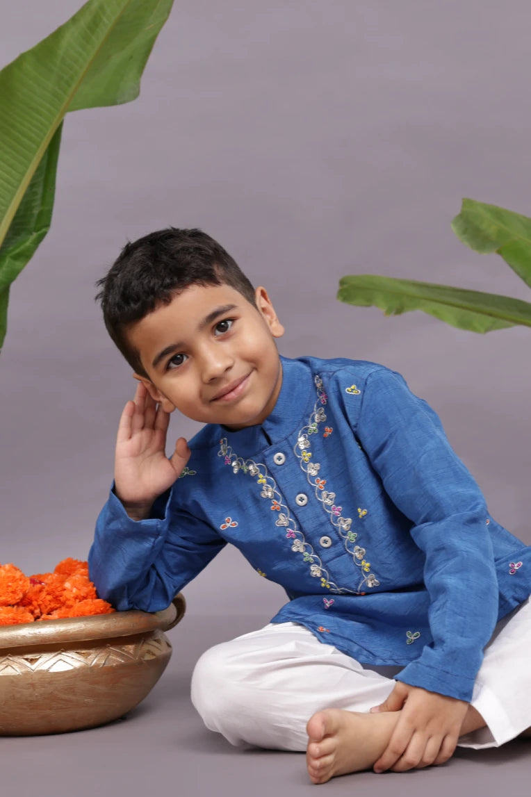 Embroidered Silk Blue Kurta and Pyjama