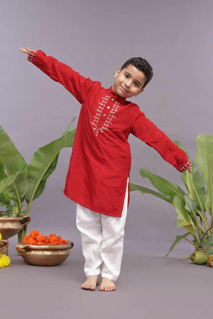 Gold Work Embroidered Red Kurta and Pyjama