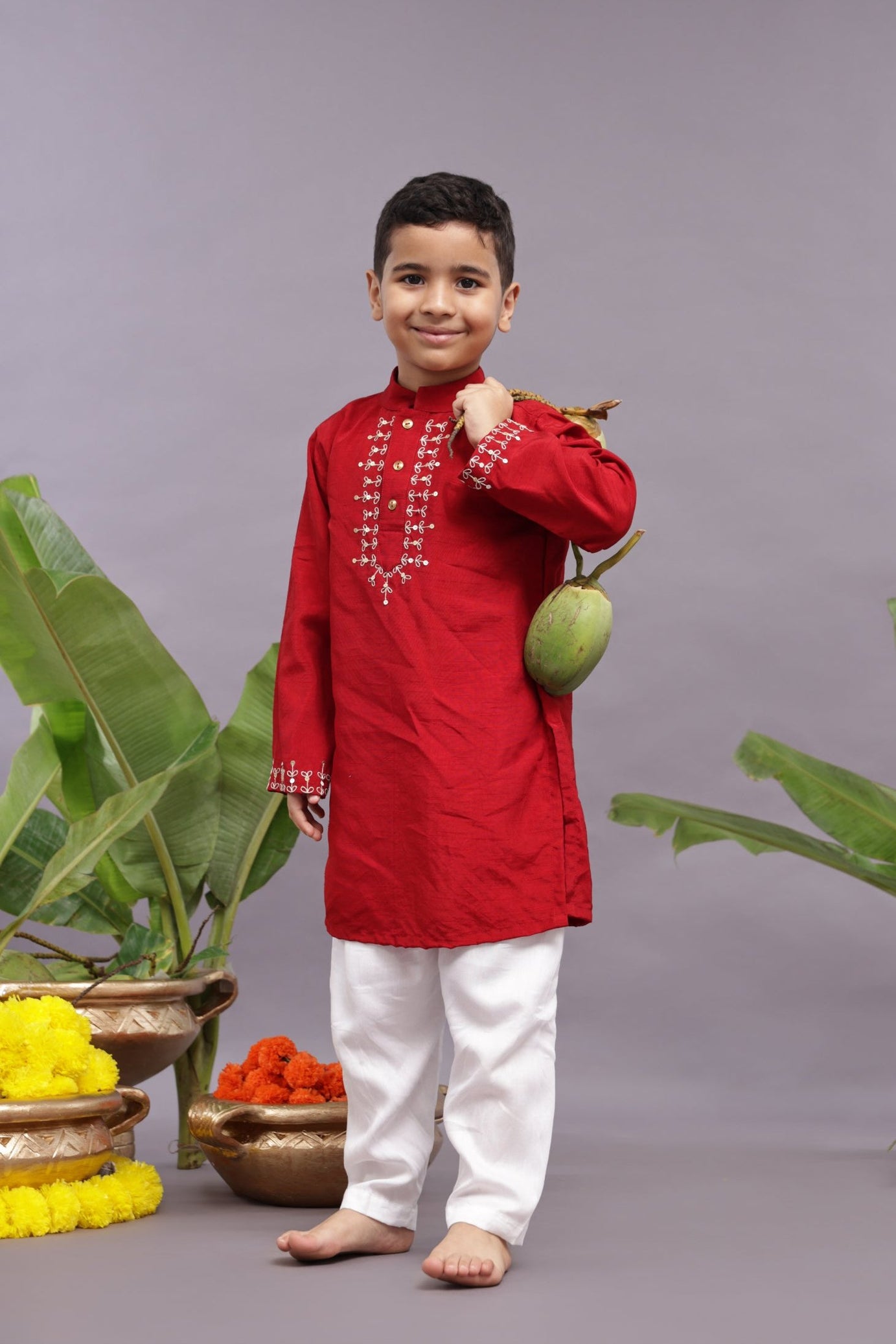 Gold Work Embroidered Red Kurta and Pyjama