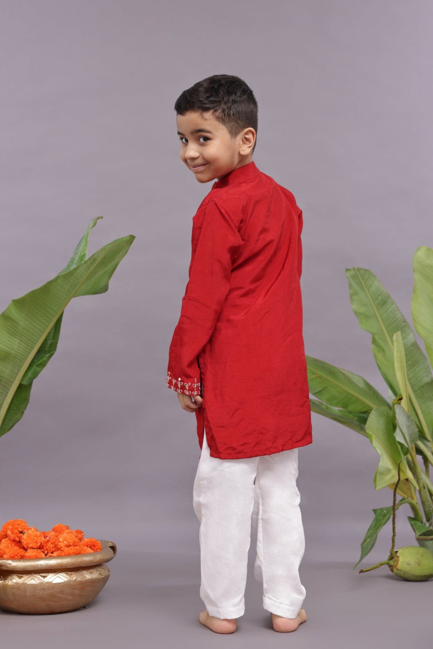 Gold Work Embroidered Red Kurta and Pyjama