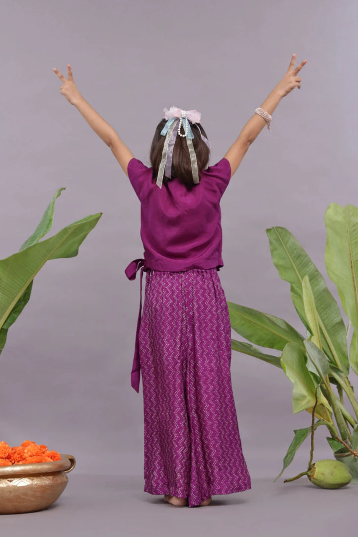 Floral Dori Work Embroidered Tie-up Top and Palazzo in Purple