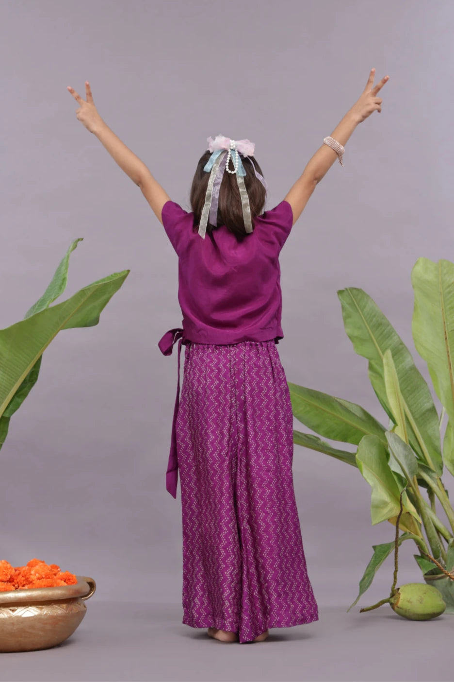 Floral Dori Work Embroidered Tie-up Top and Palazzo in Purple