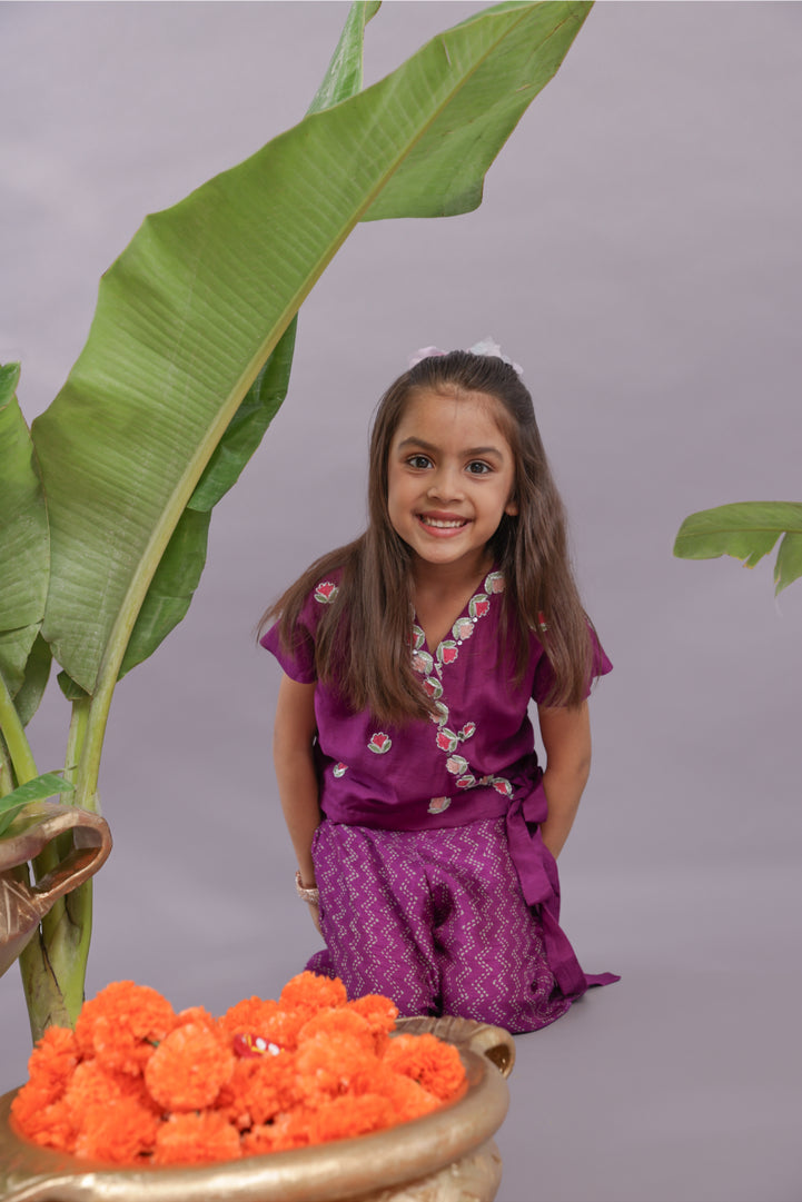 Floral Dori Work Embroidered Tie-up Top and Palazzo in Purple