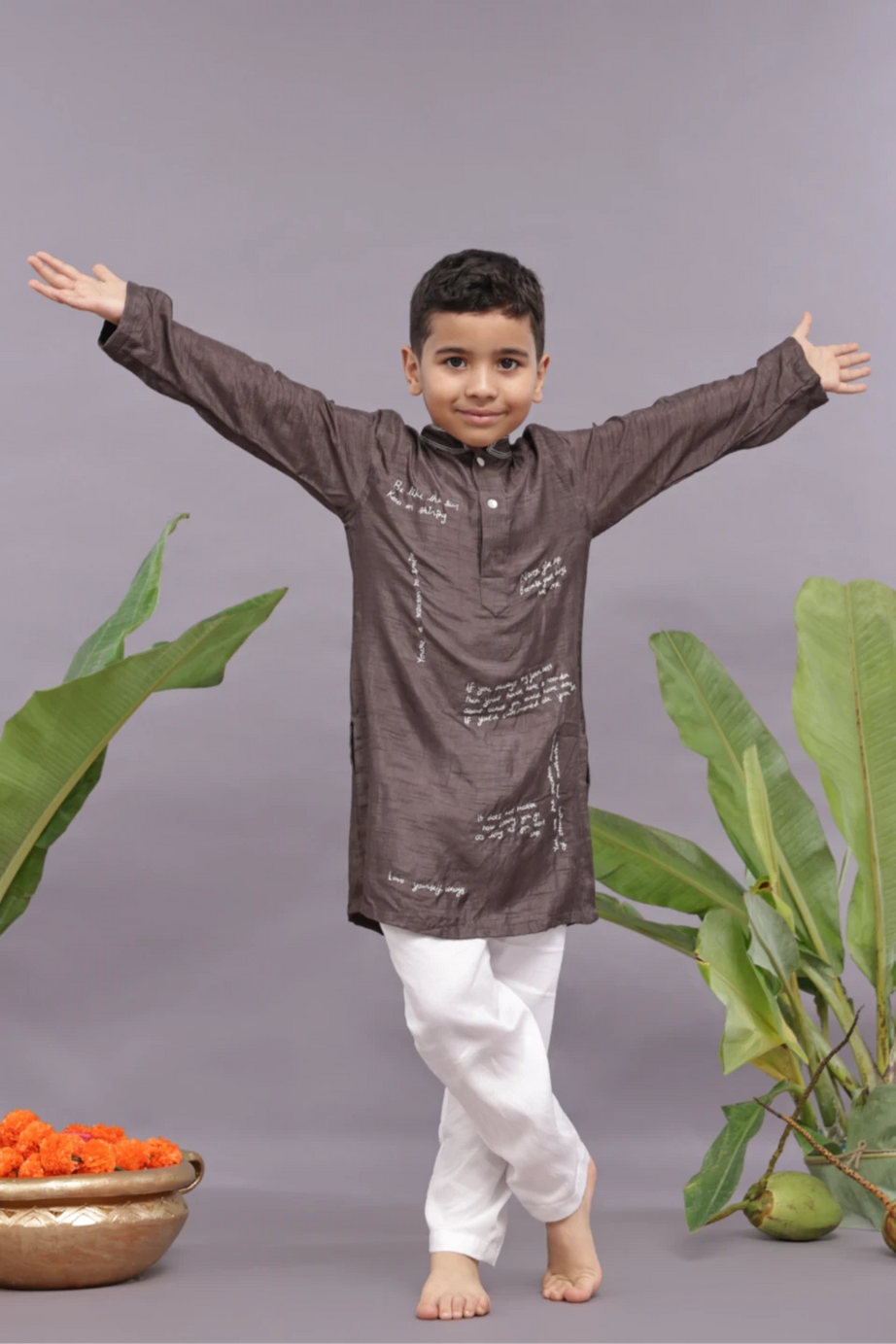 Quotes Embroidered Dark Grey Kurta and Pyjama