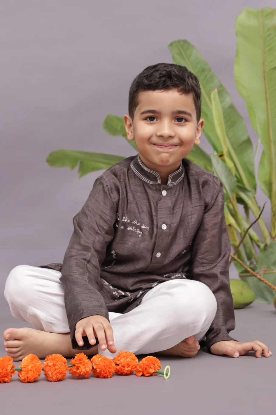 Quotes Embroidered Dark Grey Kurta and Pyjama