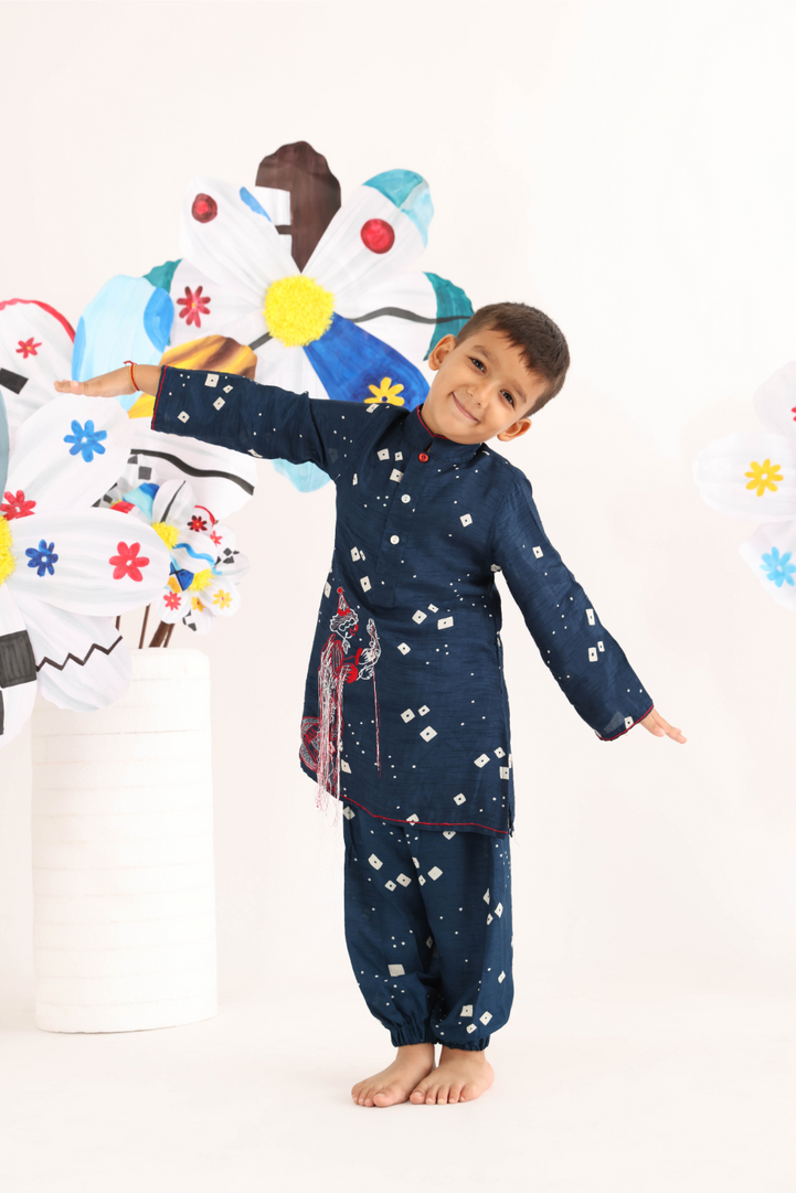 Blue Bandhani Print Silk Kurta with Fun Embroidered Joker and Blue Pyjama for Boys