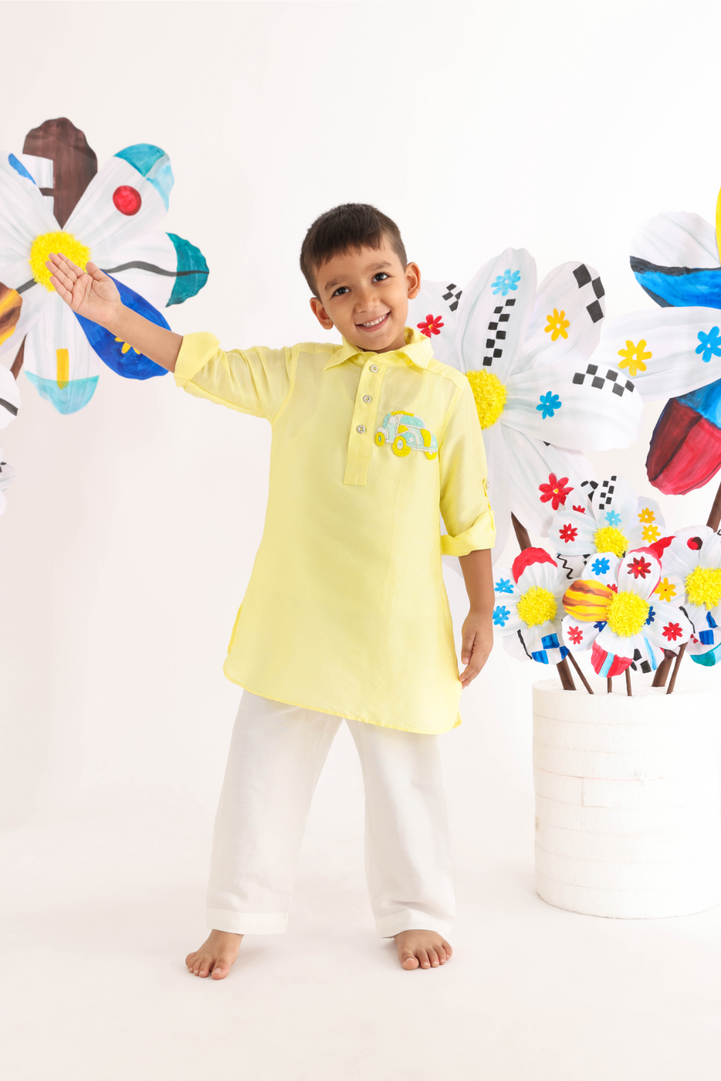 Yellow Kurta with Car Embroidered Motif and White Pyjama for Boys