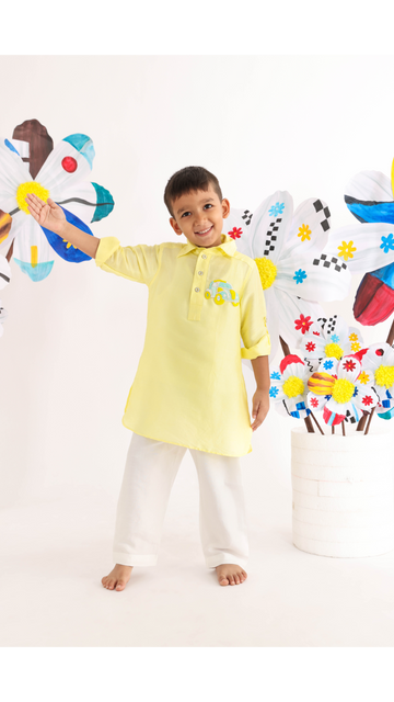 Yellow Kurta with Car Embroidered Motif and White Pyjama for Boys